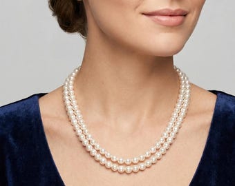 Conjunto de collar y pendientes de perlas de doble capa / Elegante joyería de perlas de dos hileras