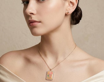 Floral Frame Pendant Necklace – Geometric Chain – Modern Pendant Artistic Jewelry Gift