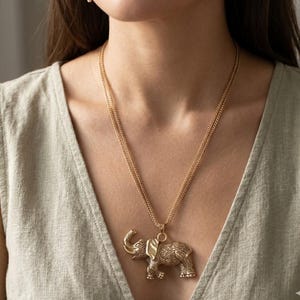 Textured Metal Elephant Pendant Double Chain Long Necklace, Boho Elephant Necklace, Layered Statement Necklace, Animal Jewelry, Gift for Her