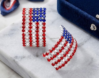 Pendientes de bandera estadounidense con pavé de cristal, pendientes de diamantes de imitación patrióticos con la bandera de EE. UU., pendientes rojos, blancos y azules