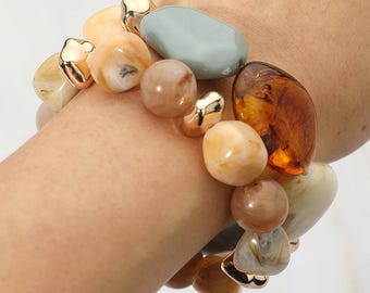 Conjunto de 2 pulseras elásticas de mármol grueso con cuentas y diseño de capas - Brazalete apilable de piedra - Pulseras de mármol