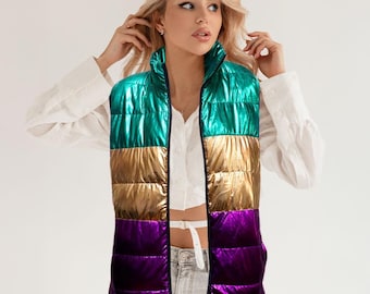 Mardi Gras Color Block Puffer Vest, Purple Gold Green Quilted Vest for Women, Festival Parade Outfit, Gift for Her