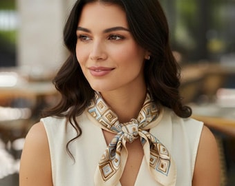 Pañuelo cuadrado de satén sedoso con estampado geométrico / Pañuelo para el cabello y el cuello / Pañuelo para la cabeza