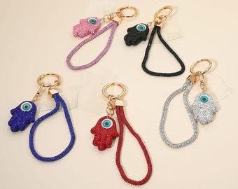 Llavero de mano de Fátima con ojo malvado y tachuelas brillantes / Accesorio para bolso con dije de diamantes de imitación / Dije para soporte de teléfono