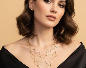 Metal Open Quatrefoil Link Layered Oversized Statement Necklace and Earrings Set | Chunky Layered Chain