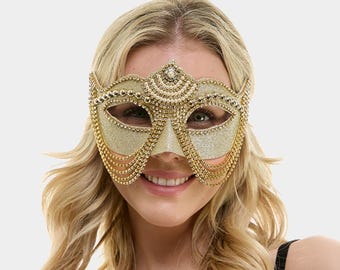 Máscara de mascarada brillante con detalle de cadena en capas / Máscara de fiesta de disfraces estilo veneciano