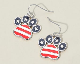 Pendientes colgantes con forma de huella de pata y la bandera de EE. UU. - Pendientes patrióticos para amantes de los perros con huella de pata