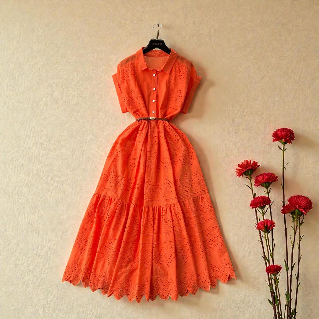 Orange Eyelet Lace Midi Dress Women Summer Cotton Shirt Dress Spring Casual Vacation Outfit Easter Mothers Day Gift Orange Eyelet Lace Midi Dress Women Summer Cotton Shirt Dress Spring Casual Vacation Outfit Easter Mothers Day Gift