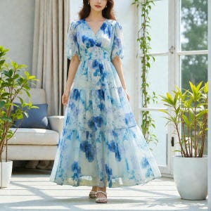 French Chiffon V Neck Summer Dress Puff Sleeve Waist Slimming Ruffled Long Skirt Vacation Outfit Valentines Easter Birthday Gift
