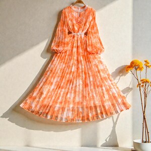 chiffon easter dress Pink Floral Pleated Chiffon Dress Long Sleeve Spring Summer Midi Dress  Easter Mothers Day Gift Romantic Women Outfit