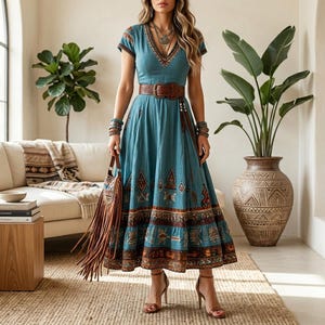 flowy western dress Women's Western Boho Lace V-neck Midi Dress DY507534 – Crazy House Western  Wear main image 1
