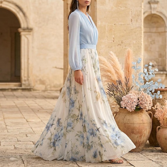 spring chiffon maxi dresses Women's Spring Wrap Maxi Dress Floral V Neck Long Sleeve Wedding Guest Party Casual Chiffon Dress Beige S at Amazon Women's Clothing store