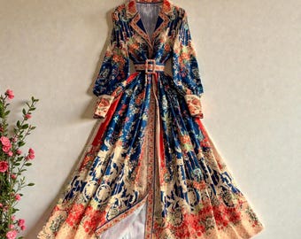 Luxury Print Maxi Dress Elegant Long Sleeve Belted Dress Spring Summer Wedding Guest Outfit Formal Garden Party Easter Mothers Day Gift