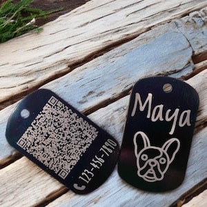 Médaille Chien Personnalisée avec QR Code – Plaque Gravée en Acier Inox Noir – Médaille Sécurité Collier Chien – Identification QR