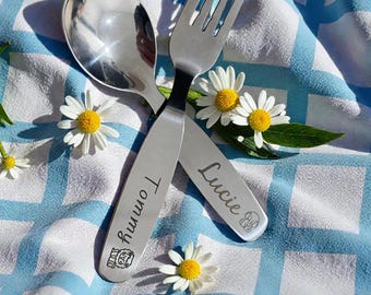 Personalized Kids Utensils – Custom Engraved Spoon & Fork – Toddler Cutlery Set – Baby Name Gift – Stainless Steel – Animal Design