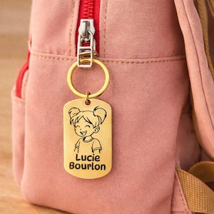 Personalisierter Manga-Schlüsselanhänger für Kinder – Namensgravur – Notfallkontakt-QR-Code – Schul-/Kitatasche