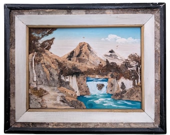 Cuadro decorativo 3D con paisaje de montaña y cascada, estilo vintage, hecho con corteza de árbol.