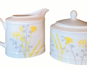 Vintage Creamer & Sugar Bowl Set Blue White Yellow Floral Mid Century Modern