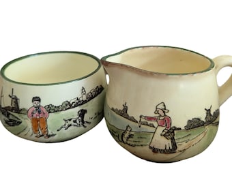 Juego de azucarero y lechera vintage GZ S Baden Alemania, pintado a mano con escena campestre.