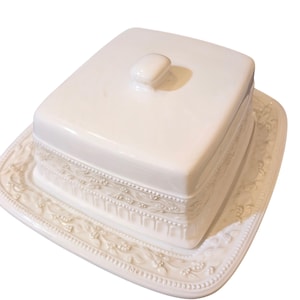 Lourdes Signature Large Ivory Off White Square Porcelain Butter Dish Kitchen Serving Tableware