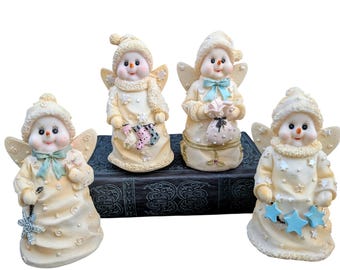 Juego de 4 figuras de ángel de muñeco de nieve de resina vintage, decoración navideña de invierno, adornos coleccionables