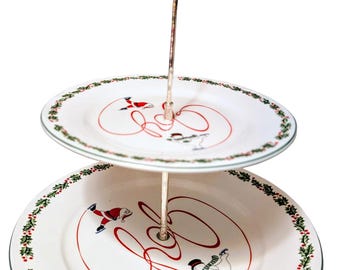 Bandeja para servir de dos niveles Vintage International Silver Holiday Joy, bandeja para entretenimiento navideño