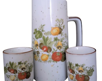 Vintage Stoneware Pitcher & Cups Set 70s Kitchen Vegetable Pattern Retro