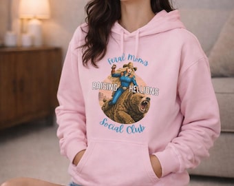 Feral Moms Social Club Hoodie | Western Cowgirl Riding Bear Graphic