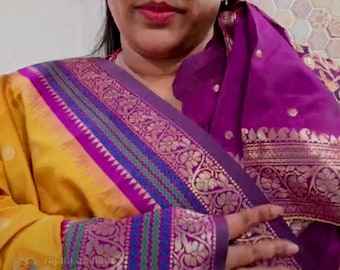Mango Yellow Soft Silk Saree with Purple Border, Gold Zari Motifs, Matching Blouse