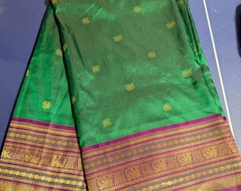 Emerald Green Gadwal Saree with Purple Blouse, Gold Zari Motifs