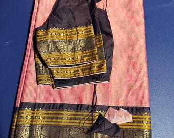 Pink Brown Gadwal Saree Blouse, Gold Zari Work, Ready-to-Wear