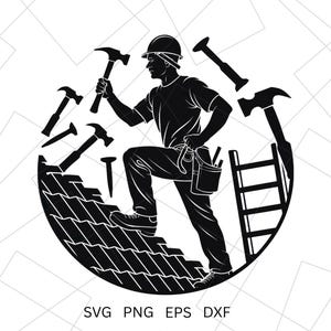 Può includere: Illustrazione in bianco e nero di un carpentiere che lavora su un tetto, circondato da martelli e chiodi. Il carpentiere indossa un elmetto e una cintura porta attrezzi. È visibile una scala. Include il testo "SVG PNG EPS DXF".