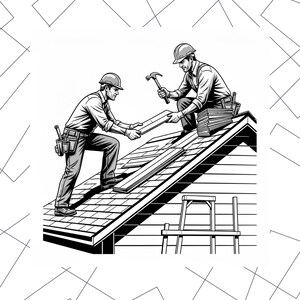 Può includere: Illustrazione in bianco e nero di due operai edili su un tetto. Un operaio passa una tavola di legno all'altro, che tiene un martello. Sono visibili anche una scala e degli attrezzi, a suggerire un progetto di copertura.