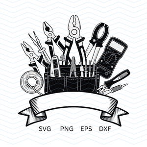 May include: Black and white illustration of a tool belt filled with various electrician tools. The tools include pliers, wire strippers, a multimeter, and screwdrivers. A banner with the text "SVG PNG EPS DXF" is below the tool belt.