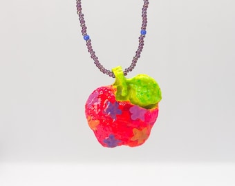 Collar con colgante de manzana y cuentas, joyería con colgante de fruta original (40 cm)