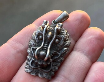 Vintage Dragon Head Pendant • Chinese Amulet Silver Tone • Protection Charm Necklace • 70s 80s 90s