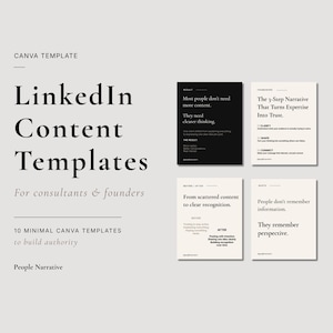 Op de afbeelding: Een lichtbeige grafisch ontwerp met de tekst "LinkedIn Content Templates" en "For consultants & founders." De afbeelding bevat ook vier minimalistische kaartontwerpen met tekst, waaronder "Most people don't need more content."