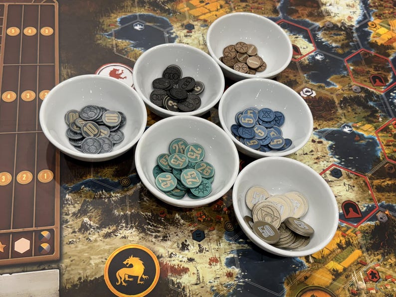 A board game background with various generic 3D board game coins. These generic coins can be used for many games such as Scythe, Ark Nova or Brass Birmingham.