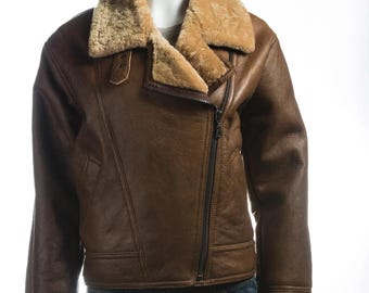 Chaqueta bomber B3 para hombre, de piel de oveja auténtica, estilo aviador, de piel de oveja de la RAF, color marrón.
