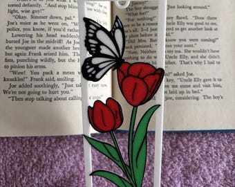 Marque-page papillon et tulipes - Art floral de la nature, accessoire de lecture