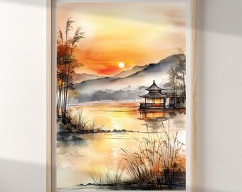 Autumn Sunset Landscape Poster | Watercolor Style Nature Poster | Mountain and Lake Wall Decor