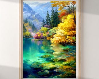 Autumn Lake and Forest Landscape Poster | Colorful Nature Poster | Painted Style Wall Decor | Vertical Landscape Art