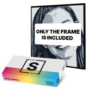 May include: A black frame for a mosaic portrait, with the text "ONLY THE FRAME IS INCLUDED". A box with the "MOZABRICK" logo and the text "BLACK S FRAME" is in front of the frame. The box has a gradient of colors.