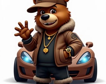 png digital download of an cartoon illustration of a brown bear wearing a  baseball cap, jacket