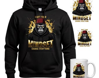 Png Digital download of A gorilla wearing a black hoodie and a red fez hat "MINDSET"
