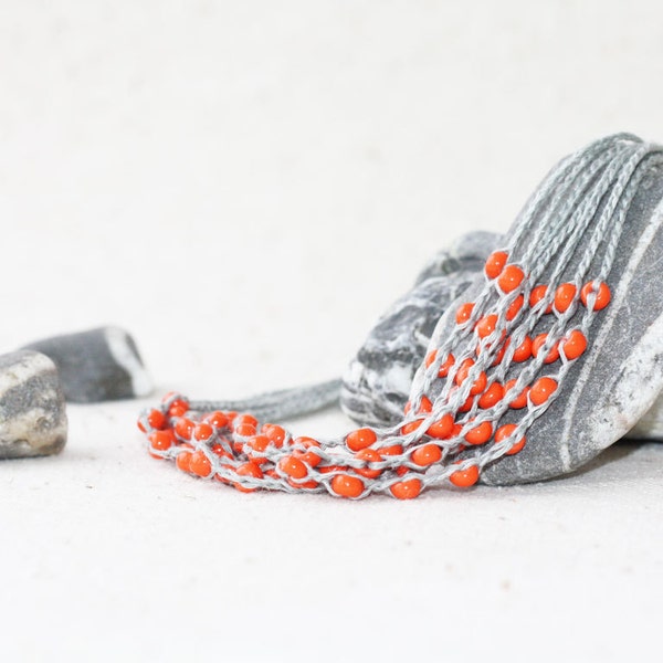 Gray orange necklace Multi strand grey linen necklace crocheted with tangerine glass beads Gift for her under 25 Rustic jewelry Boho