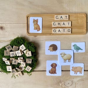 Peut inclure: Plateau en bois avec une illustration de chat et des lettres de Scrabble épelant "CAT", "CHAT" et "GATO". Cartes d'animaux supplémentaires : hérisson, mouton, oiseau, chiot et cochon. Des lettres en bois éparpillées sont également présentes.