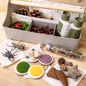Op de afbeelding: Een grijze draagtas met een houten handvat, gevuld met items met een natuurthema. Inclusief dennenappels, een vergrootglas, een verrekijker, een lieveheersbeestje op mos en decoratieve onderzetters. Bevat ook een doorzichtige buis met natuurlijke elementen en insectenmodellen.