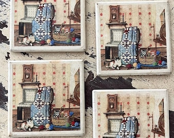 Vintage Stone Tile Coasters Set of 4 Cats Kittens Cottagecore 90s Grandmacore