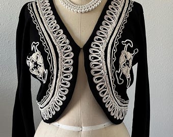 VTG 90s Joseph A Beaded Bolero Cardigan Sweater L Black White Soutache Matador